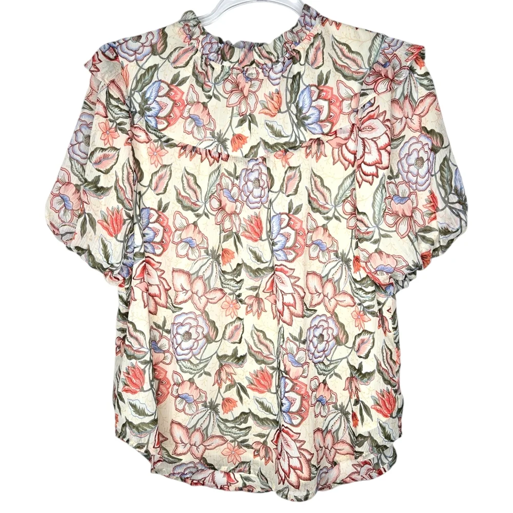 LOFT Puff Sleeve Floral Babydoll Blouse Size S Colorful Ruffle Neck Gardencore